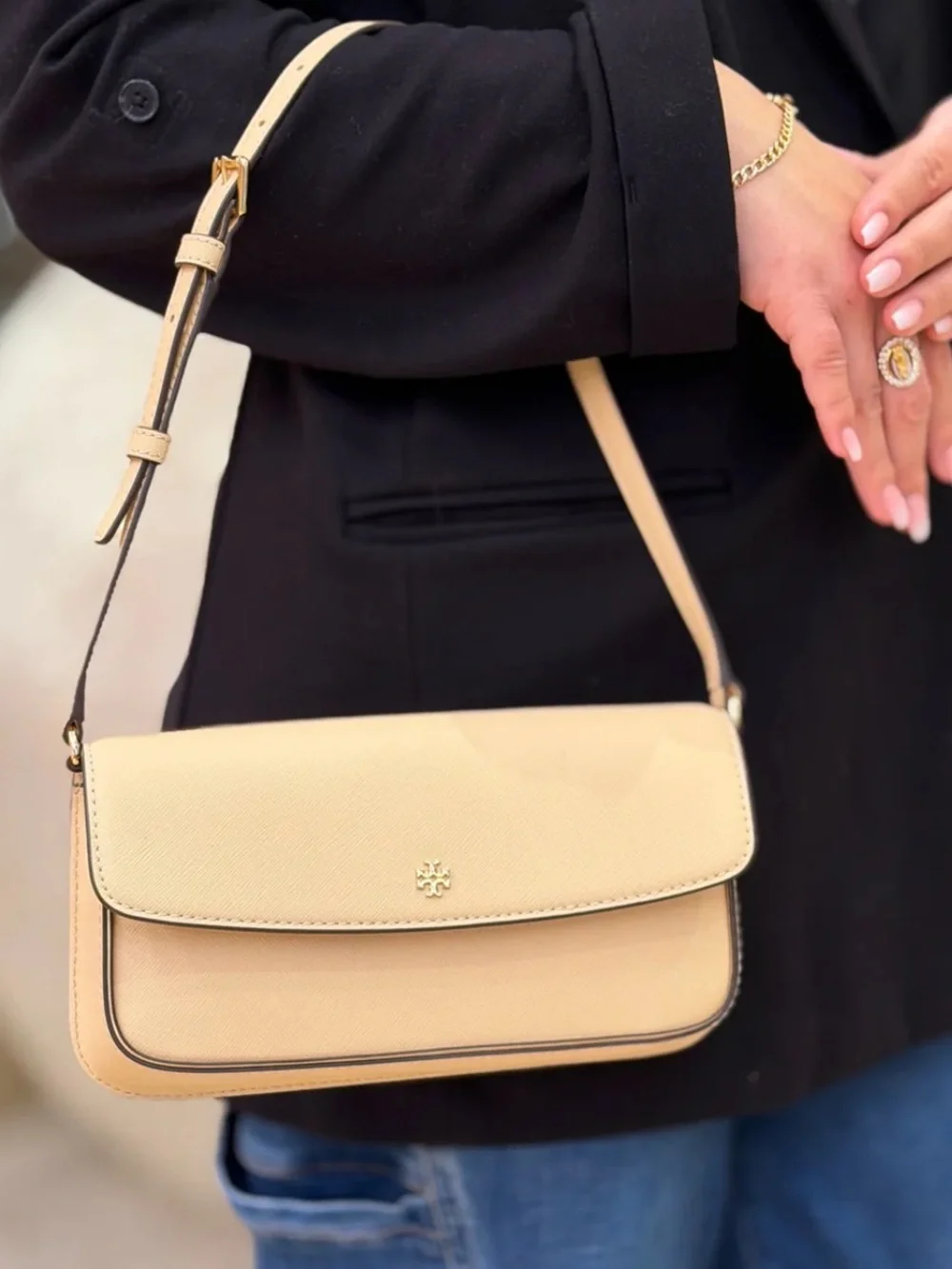 Tory Burch Leather Flap Shoulder Bag Beige Buff Gold Hardware Crossbody NWT $375